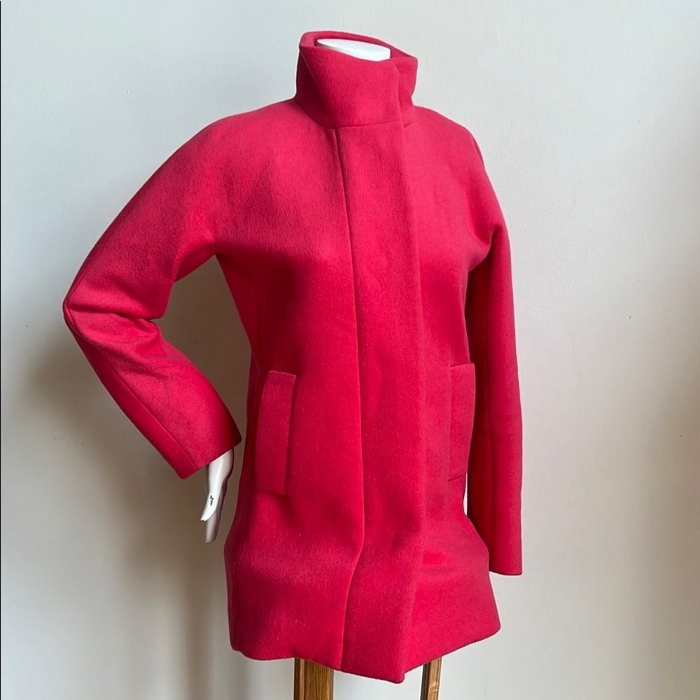 J. Crew coat in Pink Wool High Collar mid thigh. Amazing style but fresh color